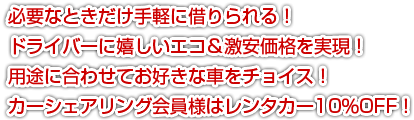 必要なときだけ手軽に借りられる！ドライバーに嬉しいエコ＆激安価格を実現！用途に合わせてお好きな車をチョイス！カーシェアリング会員様はレンタカー10％OFF！