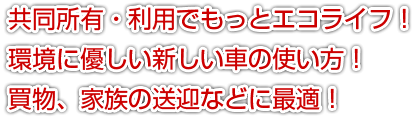 共同所有・利用でもっとエコライフ！環境に優しい新しい車の使い方！買物、家族の送迎などに最適！